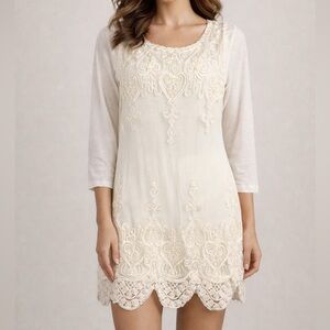 Alberto Makali Dress Women’s L Ivory Beaded Embroidered Lace Overlay 3/4 Sleeve
